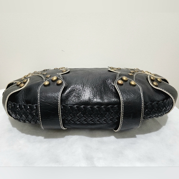 Isabella Fiore Black Leather Studded Braided Hobo Shoulder Bag Boho Western Chic - Picture 7 of 15